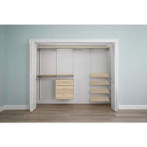 Genevieve 8 ft.Birch Adjustable Closet Organizer Long, Short, Double Hanging Rods with 2 Shelves, 4 Shoe Racks, 3 Drawer