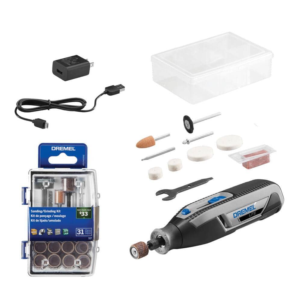 Dremel Lite 4V Variable Speed Cordless USB Rotary Tool Kit with 31pc  Sanding and Grinding Rotary Accessory Kit 7760-N/10+727 - The Home Depot