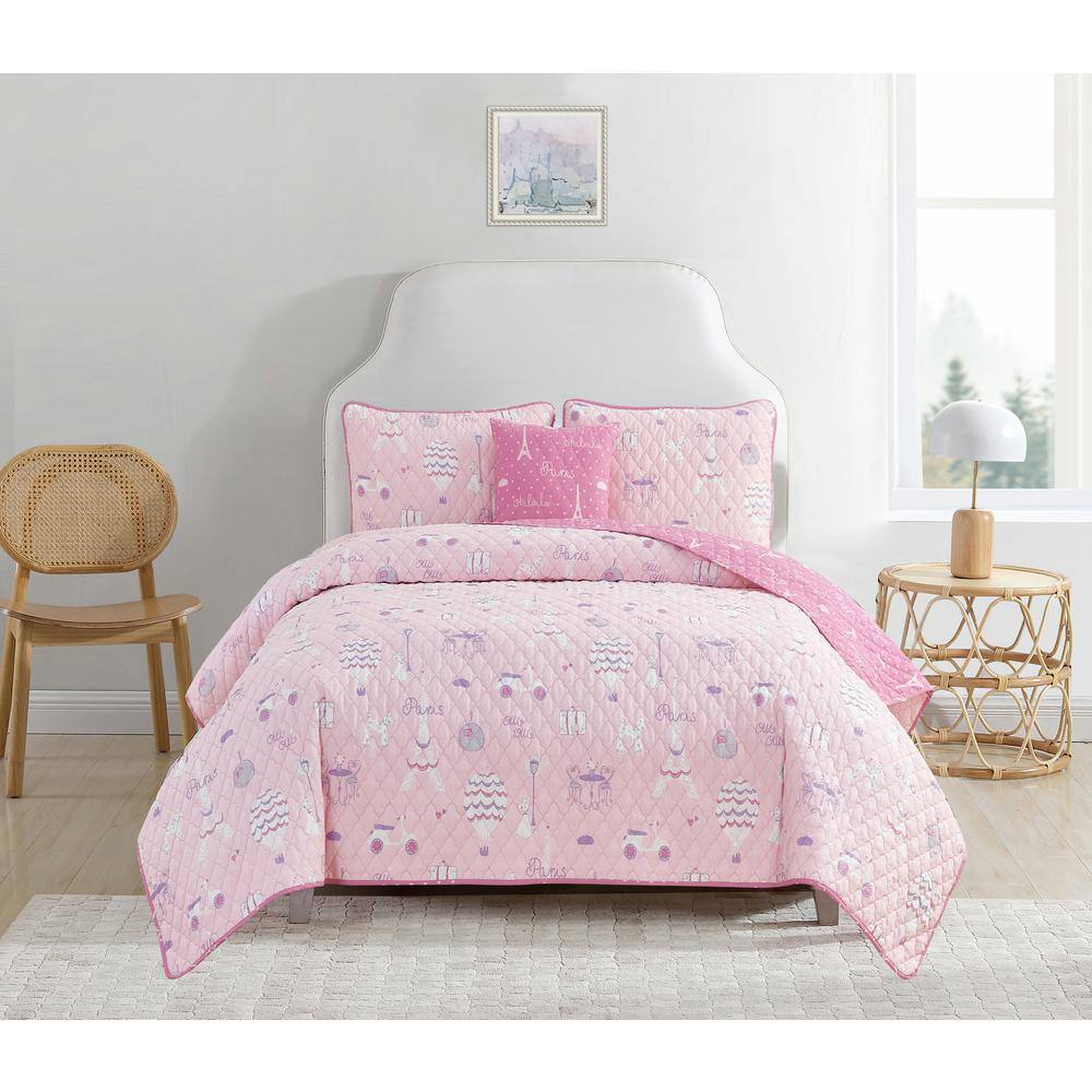 Paris Dreams Pink Reversible Cotton Full Quilt Set