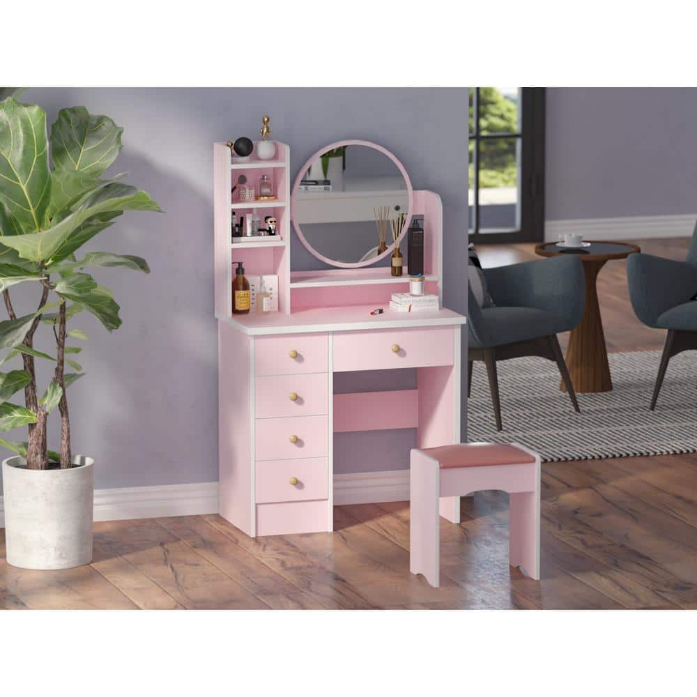 5-Drawers Pink Makeup Vanity Dressing Table Set with Stool, Mirror and Storage Shelves Girls Dressing Table - thumbnail 10