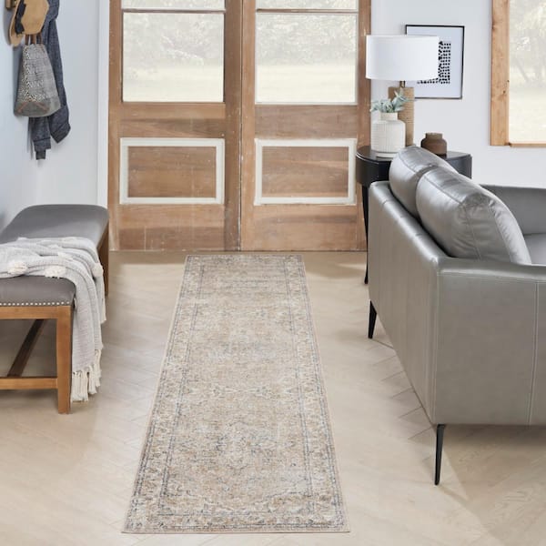 Astra Machine Washable Beige 2 ft. x 8 ft. Distressed Traditional Runner Area Rug