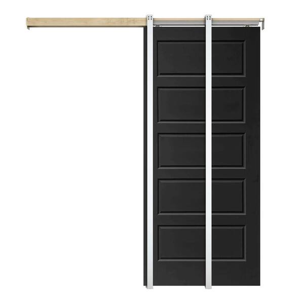 CALHOME Black 30 in. x 80 in.  Painted Composite MDF 5PANEL Interior Sliding Door with Pocket Door Frame and Hardware Kit