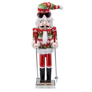 15 in. Wooden Christmas Skier Man Nutcracker -Red and Green Nutcracker Guy with Ugly Sweater and Skis in Skiing Pose