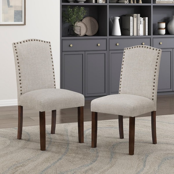 Essence Brown+Taupe Fabric Upholstered Dining Chairs with Nailhead Trim, Set of 2