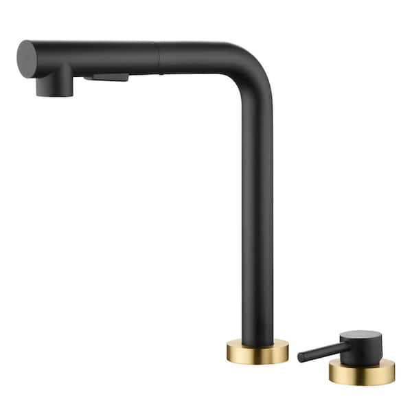 SUMERAIN Modern Single Handle Pull Out Sprayer Kitchen Faucet without Deckplate in Black & Gold