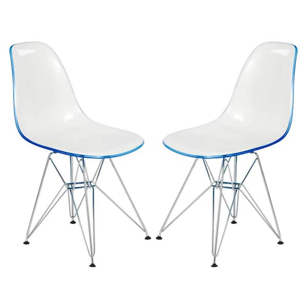 Leisuremod Cresco Modern Plastic Molded Dining Side Chair With Eiffel Chrome Legs White Blue Set of 2