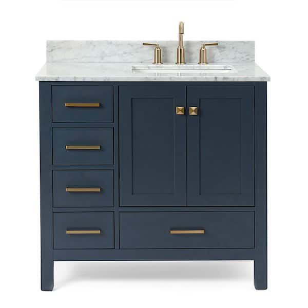 Cambridge 36 in. Single Sink Freestanding Bathroom Vanity in Midnight Blue with Carrara White Marble Top