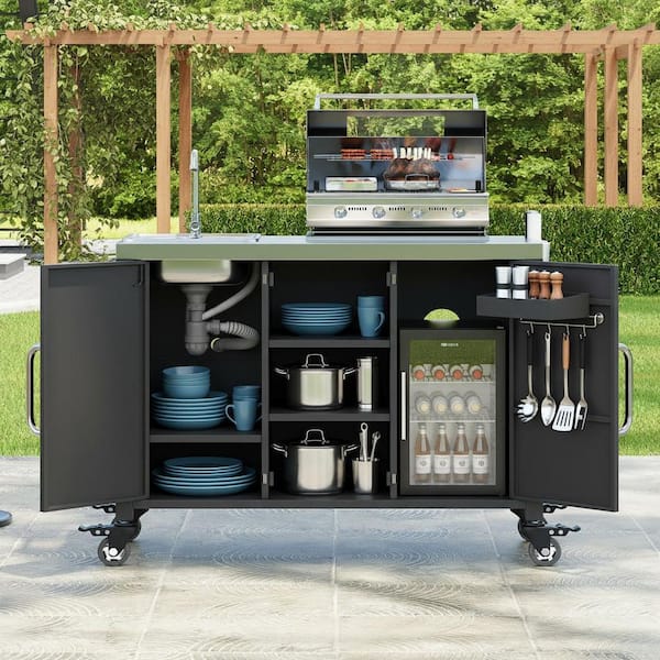 Classic Black Stainless Steel 55.5 in. Kitchen Island Outdoor Metal Frame Lockable Wheels Grill Cart with Sink Station