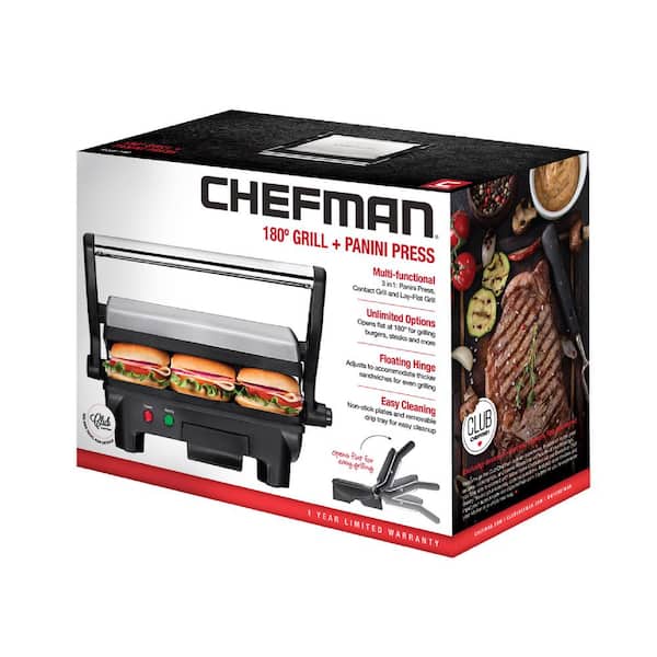 Chefman Electric Stainless Steel 180° Panini Press, Black, 10 X 8