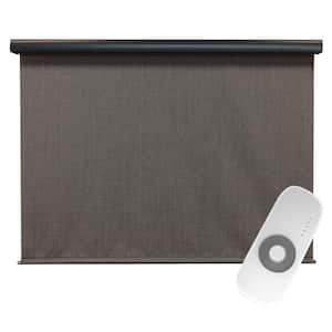 Tide Pool Grey and Black Motorized Outdoor Patio Roller Shade with Valance 72 in. W x 96 in. L