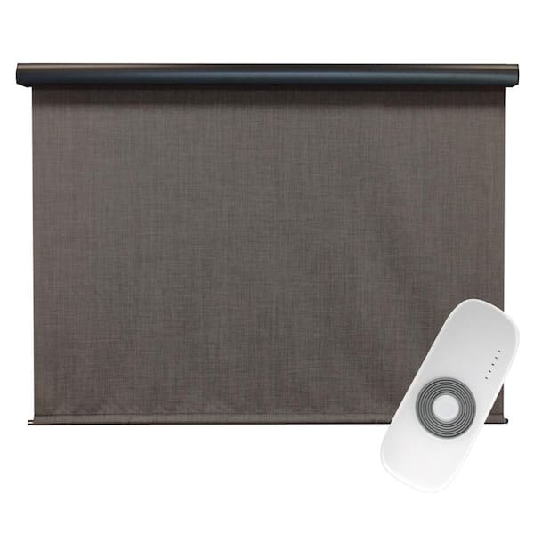 SeaSun Tide Pool Grey and Black Motorized Outdoor Patio Roller Shade with Valance 72 in. W x 96 in. L