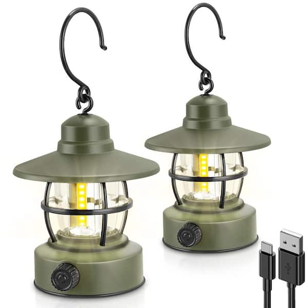 YANSUN 2 Pack Dark Green Camping Lantern Rechargeable Battery Powered Waterproof Hanging LED Tent Lamp for Hiking Fishing