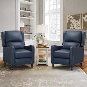 26 in. W Navy Genuine Leather Recliner Chair with Wooden Legs Push Back Chair with Nail Head Trim (set of 2)
