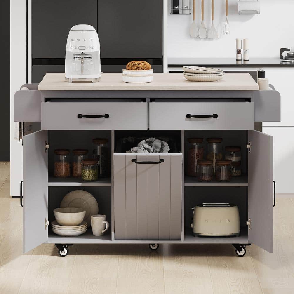 XL エルドレッソ KEEP RUNNING FOR BEER T グレーセット Coporesell Grey Rubber Wood Kitchen Cart with Drop Leaf and Trash