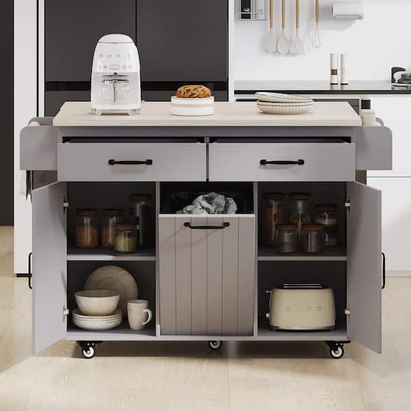 Coporesell Grey Rubber Wood Kitchen Cart with Drop Leaf and Trash Can Storage Cabinet