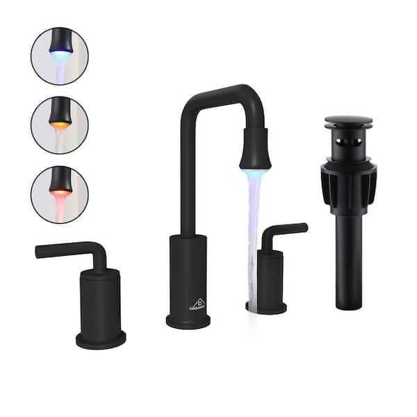Double Handle 8 in. Widespread Bathroom Sink Faucet with Temperature-sensing LED light and Deckplate in Matte Black
