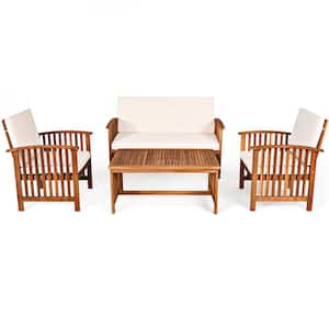 4-Piece Acacia Wood Patio Conversation Set with White Cushions