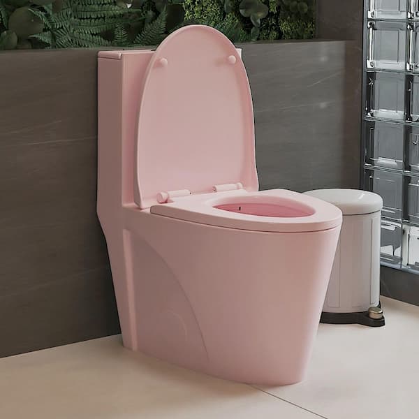1-Piece Toilet 1.1 GPF/1.6 GPF Dual Flush Elongated Toilet with Quiet Soft Close Seat in Light Pink