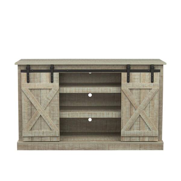 Angel Sar 53.90 in. Gray Farmhouse Sliding Barn Door TV Stand Fits TV's up to 65 in. with Ranch Rustic Style