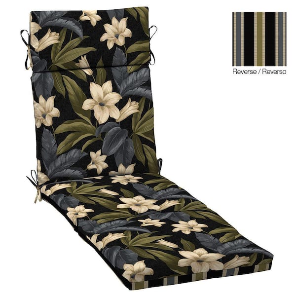 Hampton Bay Black Tropical Blossom/Black Ribbon Stripe Reversible Outdoor Chaise Lounge Cushion