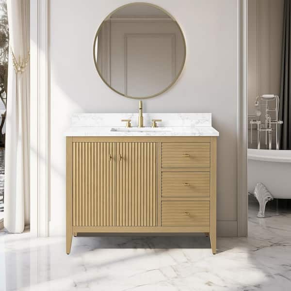 Vanity Art 42 in. W x 22 in D x 38 in. H Single Sink Bath Vanity Cabinet in Linear Natural Oak with White Engineered Marble Top