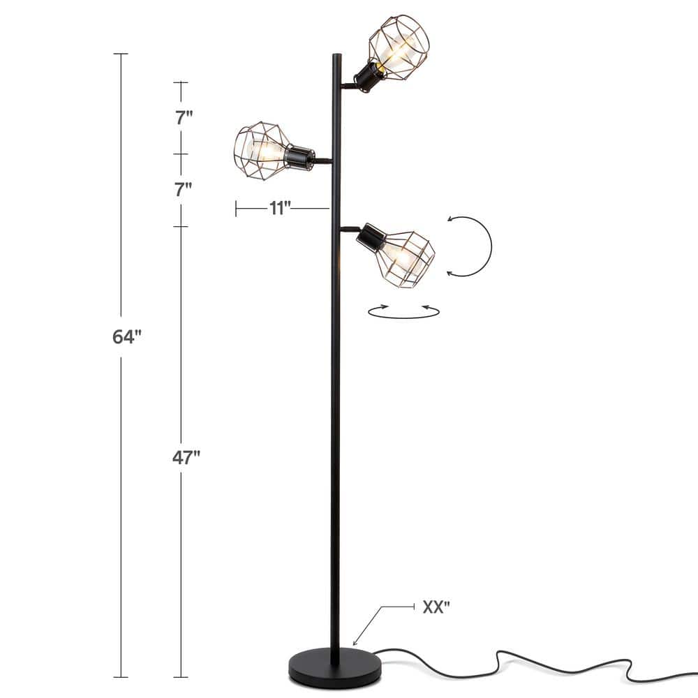 Robin Adjustable 3-Head Industrial Black LED Floor Lamp with Vintage Edison Bulbs