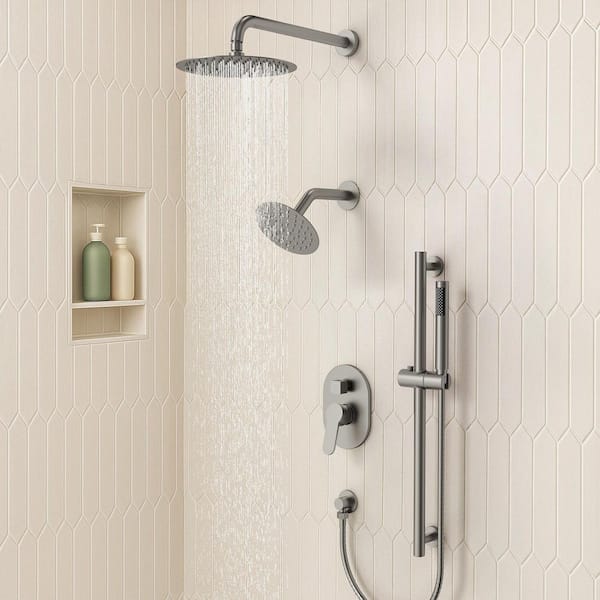 3-Spray Patterns Round Fixed Shower Head 10 and 6 in. with 2.5 GPM Wall Mount Dual Shower Heads in Brushed Nickel