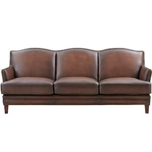 Oxford 86 in. W Flared Arm 100% Leather Camelback Straight 3-Seater Sofa in Caramel Brown