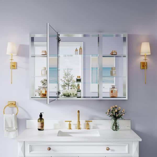 44.1 in. W x 30 in. H Rectangular Polished Aluminum Tri-View Soft Close Medicine Cabinet with Mirror Combo, Reversible
