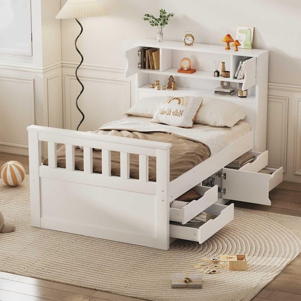 White Wood Frame Twin Size Platform Bed with Storage Bookcases and Shelves,4 Drawers