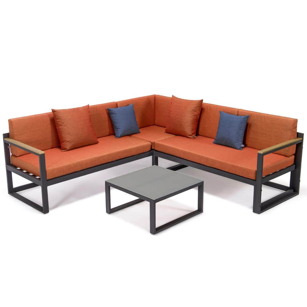 Leisuremod Chelsea Black 3Piece Metal Outdoor Sectional with Orange