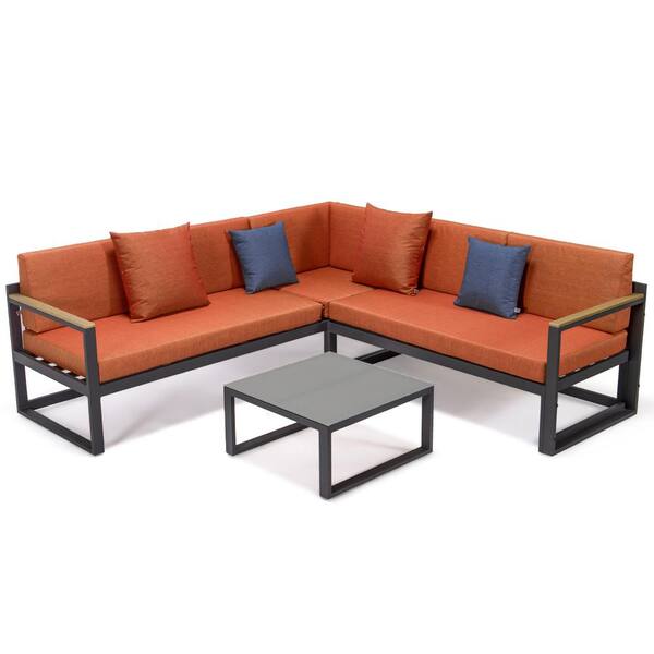Leisuremod Chelsea Black 3-Piece Metal Outdoor Sectional with Orange Cushions