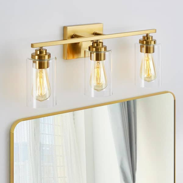 KAWOTI 22 in. 3-Light Antique Brass Vanity Light with Clear Glass Shade