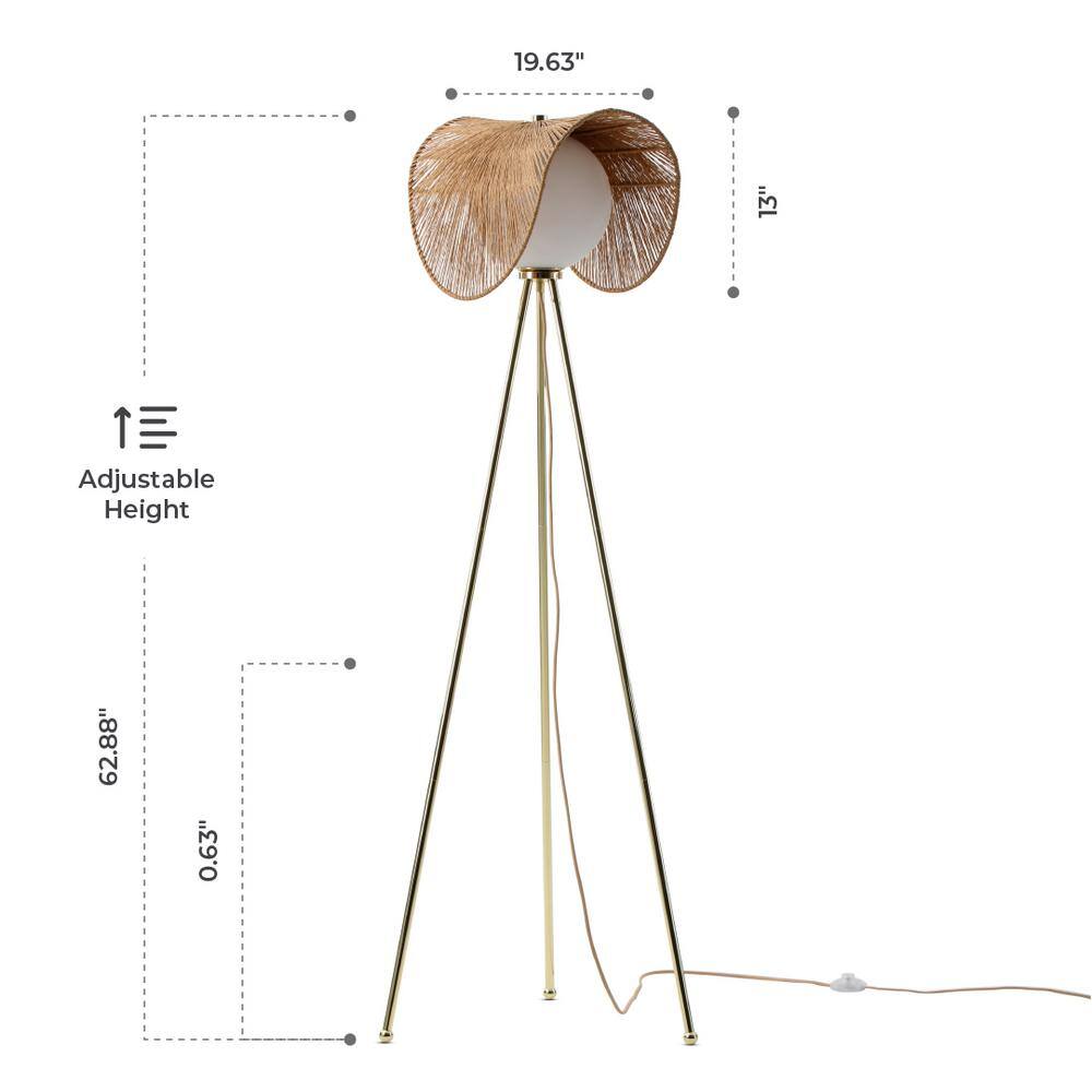 Adjustable Brass Tripod Floor Lamp with Rattan Shade