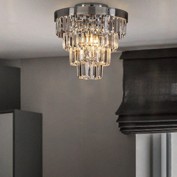 ALOA DECOR 3-Light Tiered Chrome Mini LED Flush Mount Ceiling light for Hallway and Bedroom With Clear Crystals