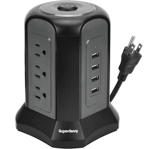 9-Outlet Power Strip Tower Surge Protector with Desktop Charging Station and 4 USB Ports in Black