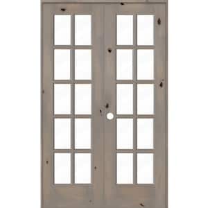 48 in. x 80 in. Knotty Alder Right-Handed 10-Lite Clear Glass Grey Stain Wood Double Prehung French Door