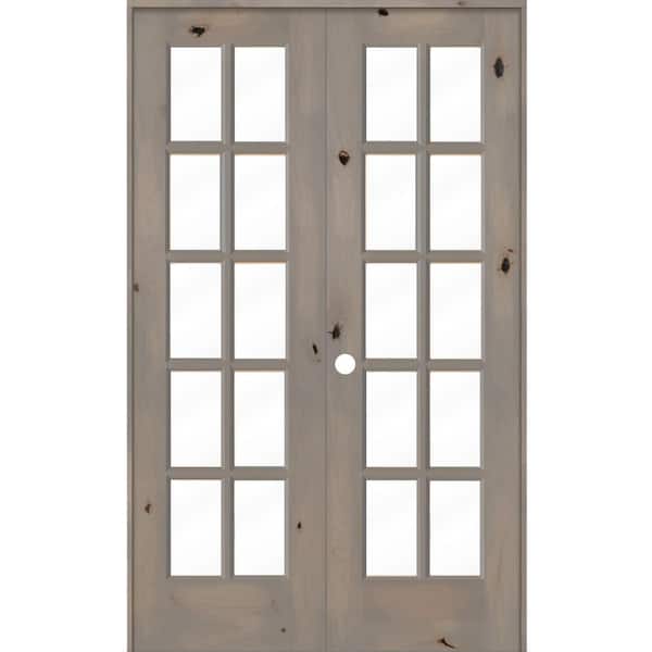 48 in. x 80 in. Knotty Alder Right-Handed 10-Lite Clear Glass Grey Stain Wood Double Prehung French Door
