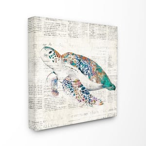 17 in. x 17 in. "Multi Colored Sea Turtle on Aged Newspaper" by Main Line Art and Design Printed Canvas Wall Art