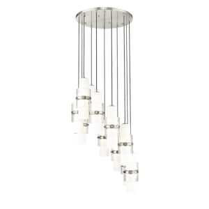 Cayden 24 in. 11-Light Brushed Nickel Round Chandelier with Clear Plus Etched Opal Glass Shades