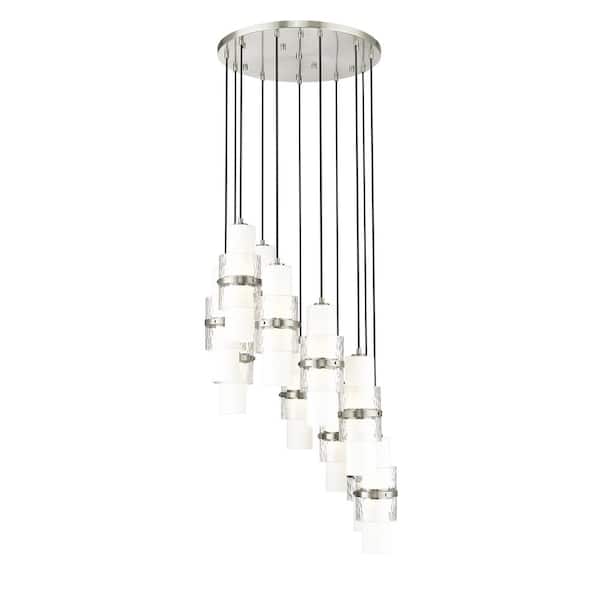 Unbranded Cayden 24 in. 11-Light Brushed Nickel Round Chandelier with Clear Plus Etched Opal Glass Shades