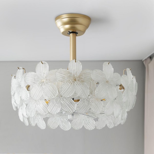 19 in. Indoor Modern Enclosed Crystal Flower Gold Ceiling Fan with Light and Remote Control 6-Speed Reversible Motor