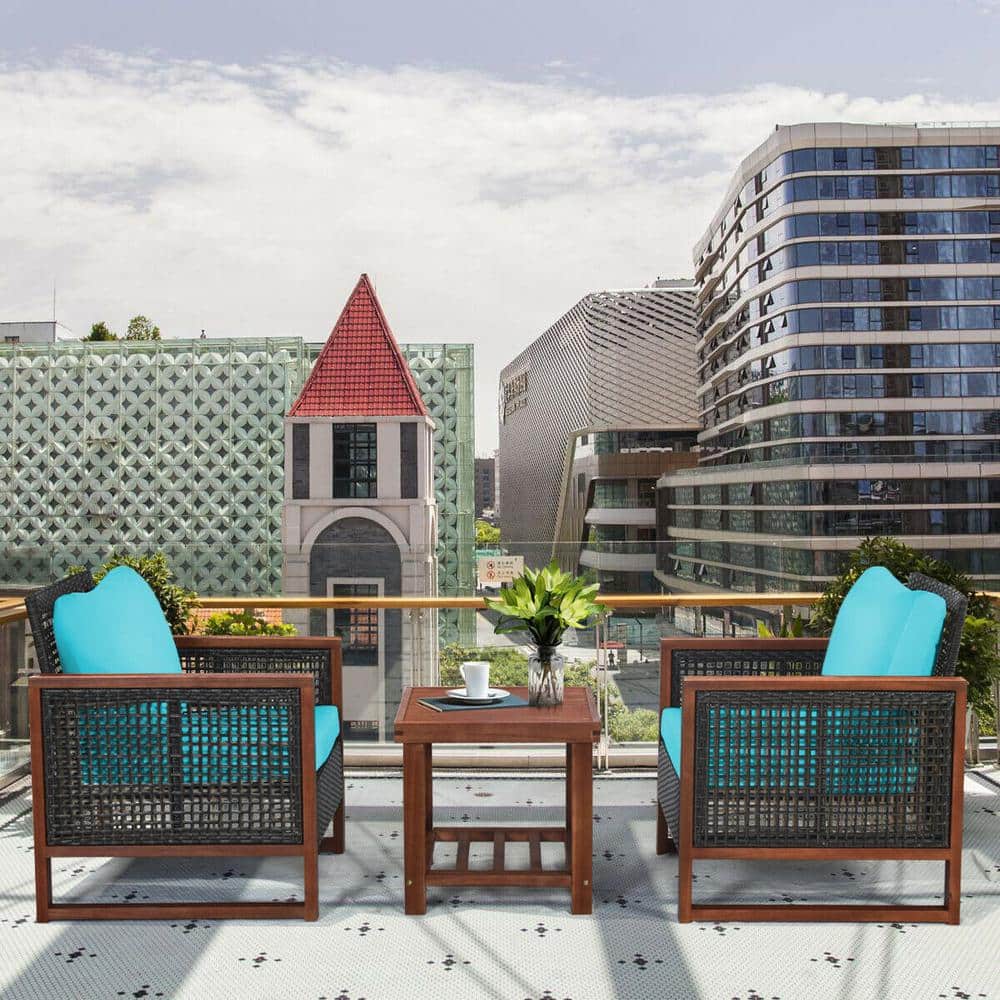 Turquoise Cushioned Armchair Set with Wooden Frame and Table