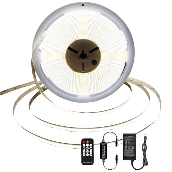 32.8-ft. 6000K Daylight Super Bright COB Integrated LED Dimmable Strip Lights, DC24V CRI90+ with UL-Listed Power Supply
