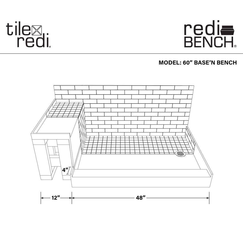 Beige 60" x 30" Shower Pan Base with Bench and Nickel Drain