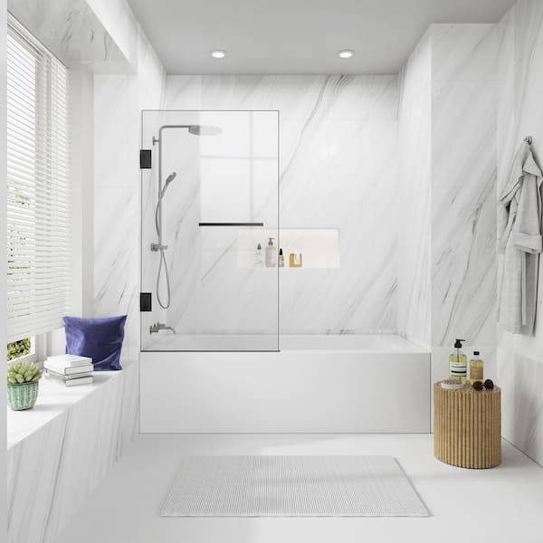 Unbranded 34 in. W x 58 in. H Sliding Semi-Frameless Shower Door in Matte Black with Clear Glass