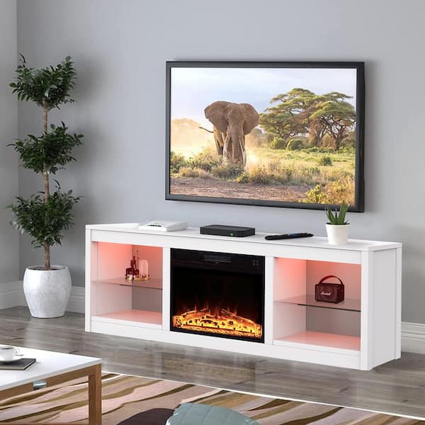 66 in. White Freestanding TV Stand Fits TVs Up to 75 in. with 23 in. Insert Electric Fireplace