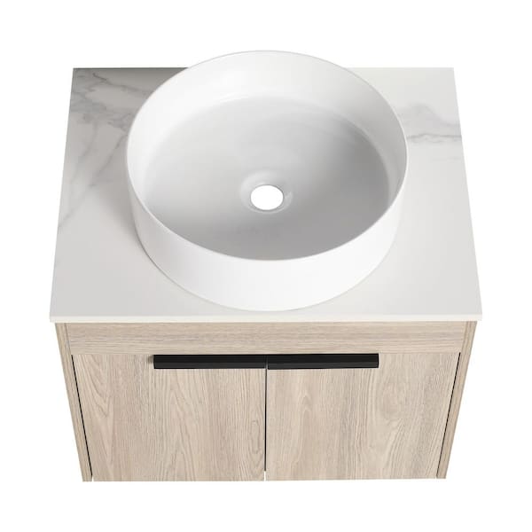 24 in. W Floating Bath Vanity in White Oak with White Ceramic Basin Top in White with Sink and Storage Shelves