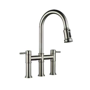 Double Handle Bridge Kitchen Faucet with Pull Down Sprayer in Brushed Nickel