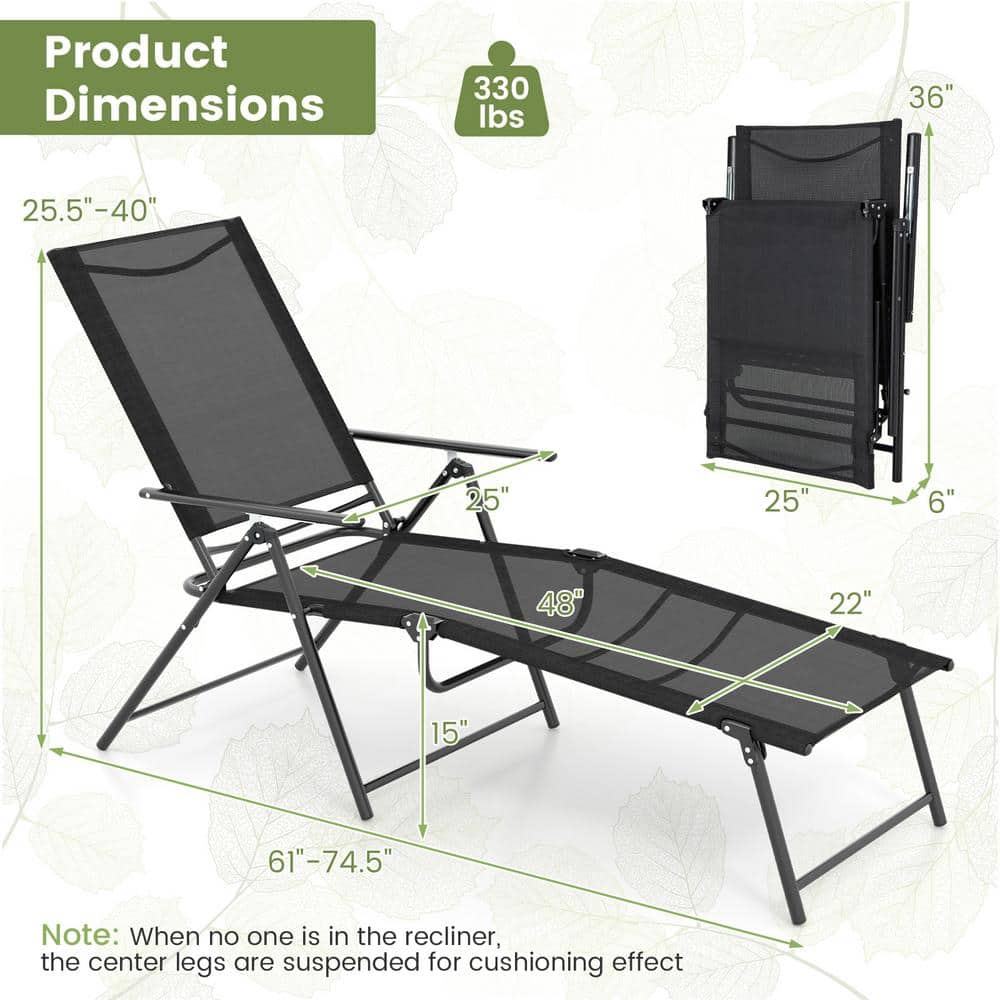 Black Iron Folding Outdoor Chaise Lounge Chairs with Breathable Fabric, Set of 2